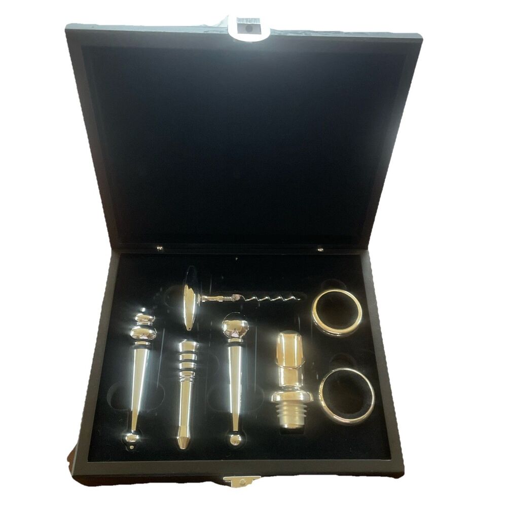 Silver Wine Pouring and Serving 7 Piece Wooden Box Set